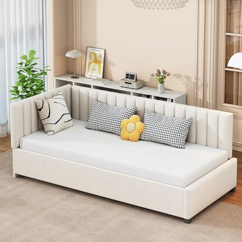 Polsterbett Schlafsofa 90x200, Einzelbett mit Lattenrost, Daybett Tagesbett | Jugendbett Kinderbett Gästebett, Samt, ohne Matratze, Beige
