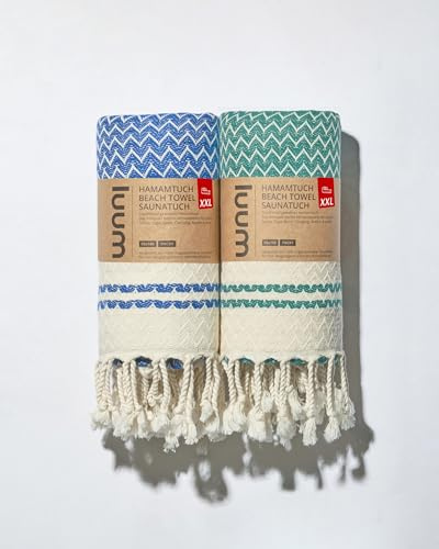 Luum Saunahandtuch Hamamtuch Strandtuch Picknickdecke Badetuch Reisehandtuch Saunatuch Saunakilt Damen Herren, Premium Baumwolle, kompakt, leicht, schnelltrocknend, Benetton/Royalblue, 90x180, 2-Set