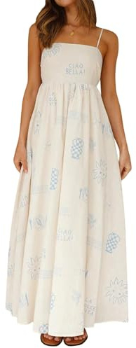 vewoza - Maxi abito estivo da donna, stile bohémien, prendisole con stampa carina, linea ad A, per feste, con spalline sottili, H-blu, M