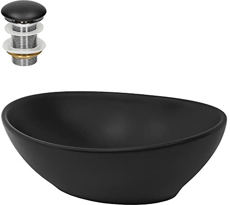 LuxeBath Waschbecken Keramik 410x335x145 mm oval Schwarz mit Ablaufgarnitur Schwarz, Aufsatzwaschbecken für Badezimmer/Gäste-WC, Aufsatzbecken modern, Waschtisch Waschschale Waschplatz Handwaschbecken