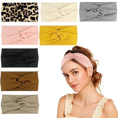 8 Stück Haarbänder Damen, Elastische Breite Stirnband, Rutschfest HairBand | Weiche Haarband Boho Gestrickt Design Mehrfarbig Stirnbänder, Haar Twisted Knot Haarschmuck, für Yoga Exercise Workout Laufen