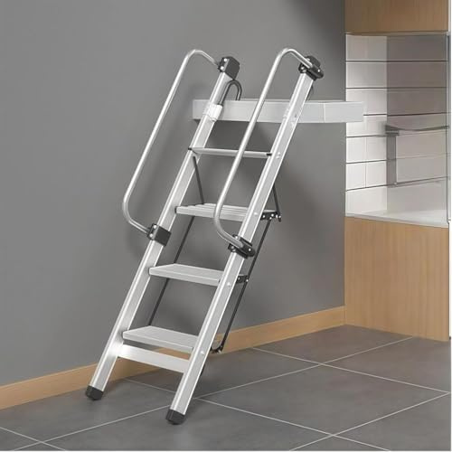 SAYEYBU Escalera AleacióN Aluminio, Escalera Plegable Altillo con Pasamanos ExtraíBles, PeldañOs Antideslizantes, para Dormitorios, Apartamentos, Altillos y Autocaravanas,4 Steps