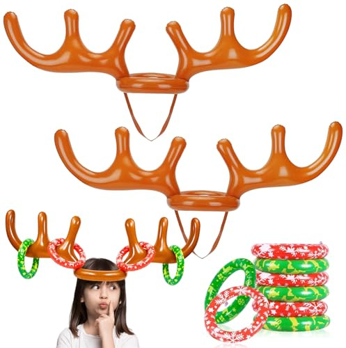 2 Set Aufblasbares Rentiergeweih Spiel,Weihnachten Aufblasbares Ringwurfspiel,Rentier Geweih Ring Wurf Spiel,mit 8 Ringwurf,für Kinder,Erwachsene,Familie,Weihnachtsspiele