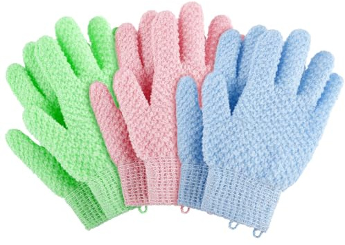 6pcs Exfoliating Gloves, Exfoliating Wash Gloves, Shower Scrub Gloves Away Ingrown Hair and Dead Skin for Shower, Spa, Massage and Dead Skin Cell Remover Loofah - Green+Blue+Pink