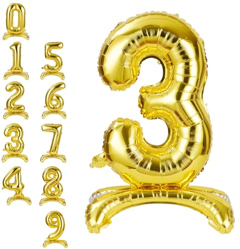 APXEL Zahlen Luftballon 3 Gold, 40 Zoll Stehende Folienballon Zahl Ballon 3, Helium Ballons Geburtstagsdeko Mädchen Junge Kindergeburtstag Party-Deko Geburtstag Silvester Deko Neujahr Deko