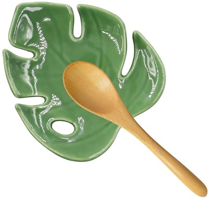 Repose-cuillère en céramique en forme de feuille pour plaque de cuisson, vert | Repose-spatule mignon pour comptoir de cuisine moderne rustique décoratif plateau à ustensiles de cuisine