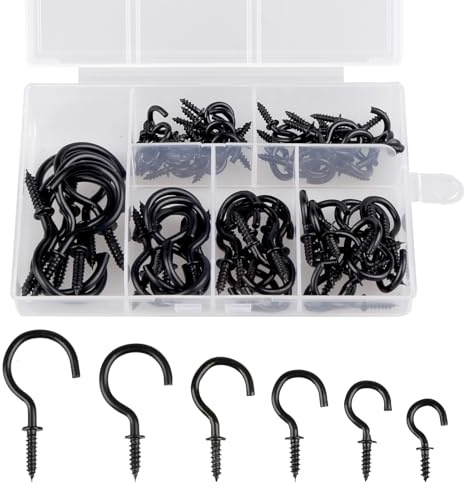 75PCS Hooks for Hanging Ceiling Screw in Cup Hooks Multipurpose Wall Hooks | Metal Vinyl Coated Screw-in Wall Hooks for Hanging Plants Cups Utensils Lights for Indoor Outdoor Use (6 Sizes Black)