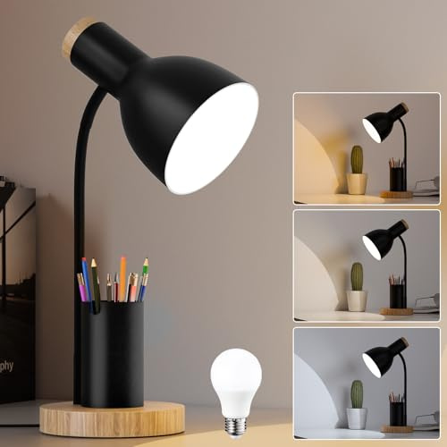 himmel Schreibtischlampe Schwarz mit Stiftehalter, Schreibtischlampe Kinder Mädchen Jungen Holz-Akzent, Verstellbar, kinder Tischlampe für Homeoffice, Nachttisch und Studentenzimmer