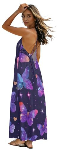 Robe longue à bretelles spaghetti dos nu pour femme, motif papillon violet, robe d'été pour femme
