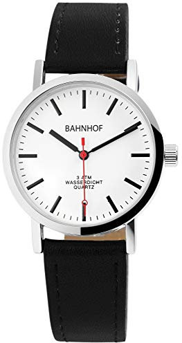 Bahnhof Herrenuhr Schwarz Silberfarbig Analog Quarz Metall Lederimitat Armbanduhr