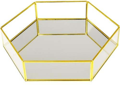 HomDSim Plateau de courtoisie hexagonal vintage en verre miroir doré, motif géométrique et plaqué laiton pour pinceaux de maquillage/rouge à lèvres/soins de la peau/parfums/salle de bain/accessoires