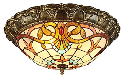 LED Tiffany Style Ceiling Lights, Stained Glass Shade Ceiling Lamp, Baroque Decoration Flush Mount Ceiling Lighting Fixtures for Living Room Bedroom Hallway,6500K,52cm