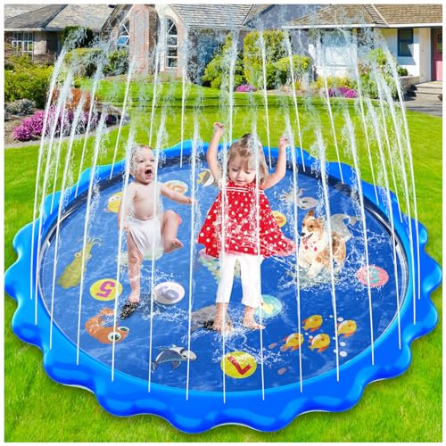 Toddler Toys - Splash Pad, 68/170cm Sprinkler & Splash Play Mat for Toddlers Dogs, Inflatable Outdoor Sprinkler Pad Wading Pool with 5 Patches for Kids Age 3+, Water Toys for Summer Garden Beach