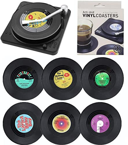 Litensh sottobicchieri in vinile retrò CD, antiscivolo, in gomma, isolati, rotondi, per tè, caffè, bevande, protezione da tavolo impedisce lo scivolamento del supporto (Modello M1 + Supporto)