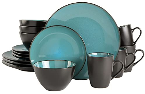 Gibson Elite Soho Lounge 16-Piece Round Reactive Glaze Stoneware Dinnerware Set, Service for 4 – Teal Plates and Bowls