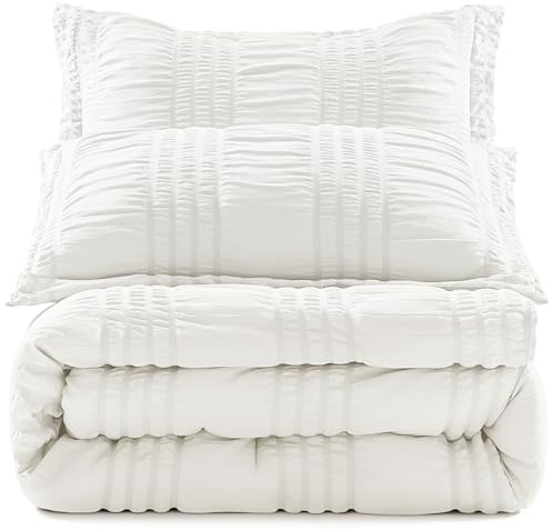 BYSURE Seersucker Quick-Dry Summer Comforter Set 3 Pieces(White, Queen), Non Plastered on Skin When Sweat, Breathable Lightweight Bedding for Hot Sleeper & Night Flashes