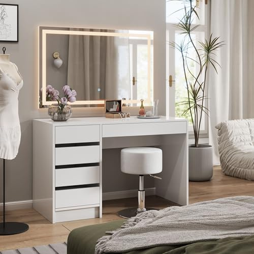Vicco Schminktisch Sherry, Weiß, 120 cm | mit LED-Spiegel und Hocker, mit LED-Beleuchtung und gepolstertem Sitzhocker
