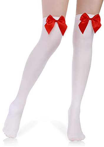 Geyoga Chaussettes Hautes Cuisse Blanches Chaussettes Opaques avec Noeud (Noeud Rouge)