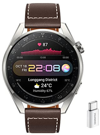 HUAWEI WATCH 3 Pro CLASSIC - Smartwatch 4G AMOLED 1,43 pollici, AP52, chiamata eSIM, batteria fino a 3 giorni, saturazione ossigeno, frequenza cardiaca 24/7, GPS, 5ATM, cinturino pelle Brown