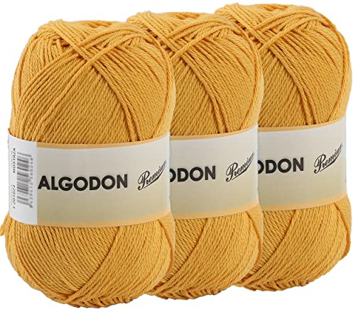 Baumwollgarn 100% Baumwolle 220 Meter zum Stricken und Häkeln, Packung mit 3 x 100g, Farbe Senf