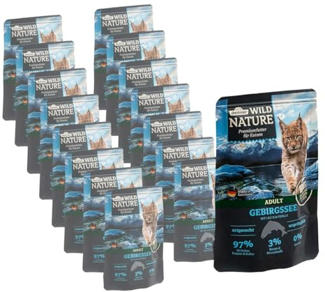 Dehner Wild Nature kattmat vuxen, bergshav, lax/öring, 16 x 85 g (1,36 kg)