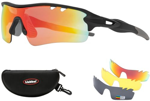Liekkas Lunettes de soleil de sport polarisées pour homme et femme avec 3 verres interchangeables pour course à pied, cricket, VTT, cyclisme, noir et orange