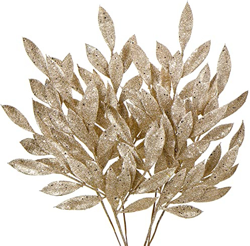60CM Weihnachten Picks Glitzer 6 PCS, Weihnachtsdeko Glitzer, Weihnachten Blätter, Glitter Weihnachtsbaum Blätter Ornament champagner mit Lange biegbare Stiele für Weihnachtsbaum Neujahr Ornamente