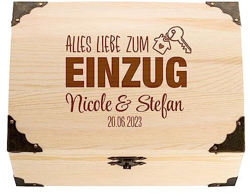 4youDesign Schatztruhe mit Gravur – Alles Liebe zum Einzug/Richtfest – personalisiertes Geldgeschenk mit Namen & Datum – Erinnerungsbox (Einzug)