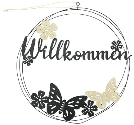 Deko Anhänger 30cm Willkommen Blumen ff117 braun Metall schwarz Hänger Türkranz Türhänger Schmetterlinge Sommer Frühjahr Dekoration Türdeko Fensterdeko