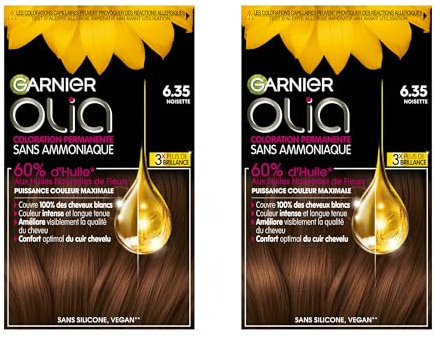 Garnier Olia Permanente Haarfarbe, ohne Ammoniak, Blütenöl-basiert, aufhellend und pflegend, Farben: Hellbraun, Schokoladenbraun, 2 Packungen