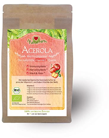 Naturherz BIO Vitamin C - Acerola Pulver - Natürliches hochdosiertes Fruchtpulver mit mindestens 17% Vitamin C - Premium Qualität (150 g)