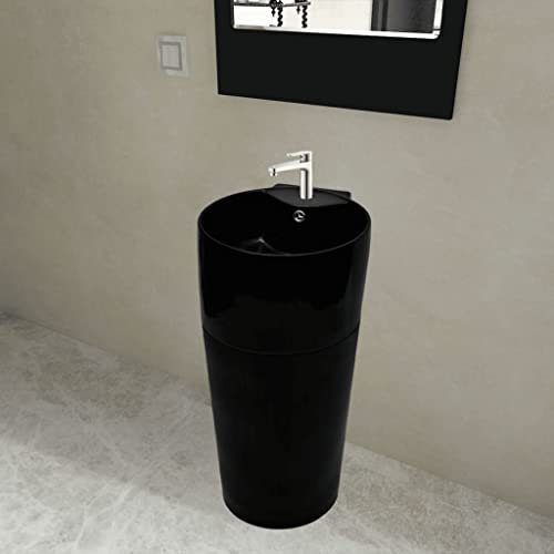 WIFESE Lavandino Bagno in Ceramica Nera Rotondo con Foro per Rubinetto/Trabocco Lavabo Bagno Sospeso Lavandino Da Appoggio Lavabo Da Appoggio Lavatoio Ceramica Lavandino Bagno Sospeso 40x41,5x86 cm
