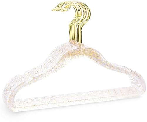 LIYJTK 10 Stück Transparente Acryl-Kleiderbügel Für Den Schrank, 40 cm Glitzernder Kunststoff-Kleiderbügel, rutschfest, Platzsparend, Anzugsbügel, Robuster Kleiderbügel Mit Rutschfesten Kerben(Gold)