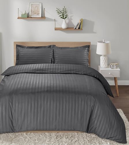 Casabella Satin Stripe Duvet Cover Sets - Luxurious King Grey Bedding with Satin Stripes, Hotel Quality King Size Duvet & Pillowcases