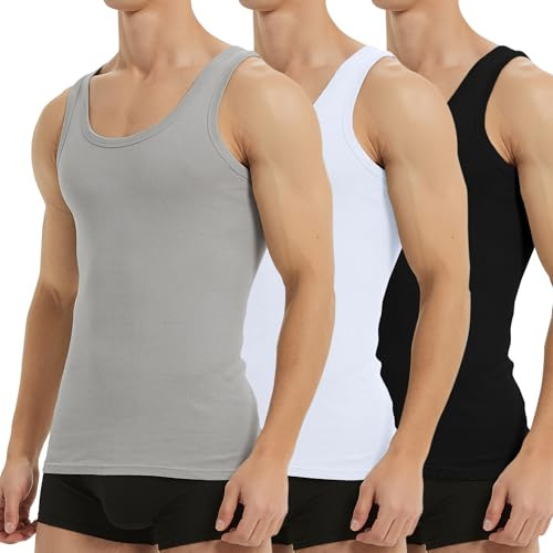 Falechay Canottiera Uomo Pacco da 3 100% Cotone Elasticizzato Fitness Canottiera Sportiva Nero Bianco Grigio M