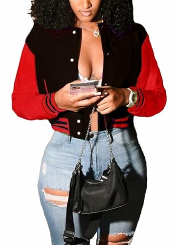Mintsnow Cropped Varsity Jacket Women Long Sleeve Snap Down Colorblock Cropped Bomber Jacket with Pockets