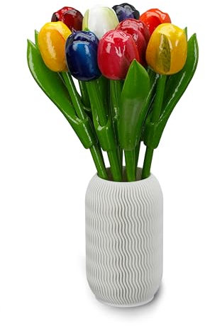 MomoMoments Bouquet di tulipani in legno, fiori in legno, decorazione in legno, 9 tulipani in legno, incl. vaso 3D, 21 cm, dipinto a mano, bouquet, decorazione, regalo..