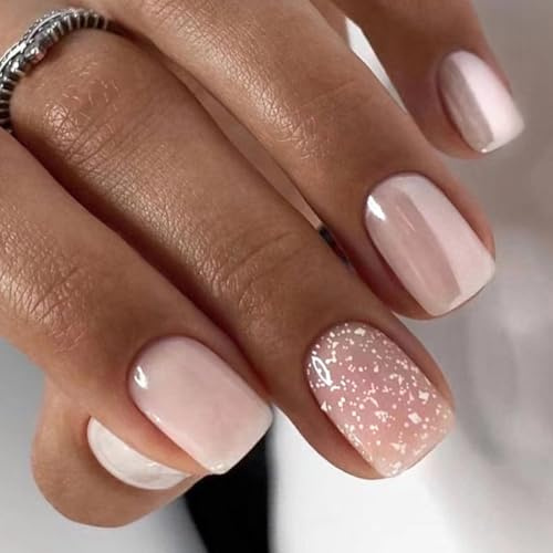24 Stück Press on Nails Kurz Eckig, Französische Nude Rosa Acryl Kunstnägel Nägel zum Aufkleben, Glänzend Square Full Cover Künstliche Nägel Fingernägel Fake Nails für Frauen und Mädchen