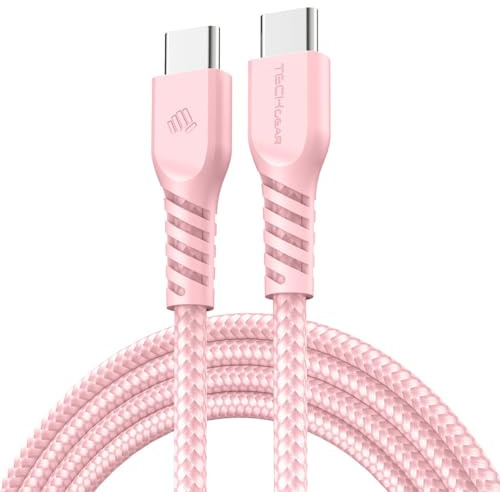 TECHGEAR USB-C till USB-C-kabel, 60 W, lång, flätad snabbladdningskabel, 1 m, kompatibel med iPhone 15, iPad Pro, MacBook, Samsung Galaxy S24/S23/A14/A15/A25/A35/A34/A55/A54/A05s/A04s, rosa