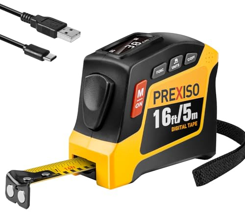 PREXISO 2-in-1 Digital Tape Measure - 16Ft Rechargeable Measuring Tape Ruler Ft/Ft+in/in/M/CM/MM Unit - Metric & Inches Retractable Measurement Tape Tool with Magnetic Tip - Pythagorean, Area, Volume