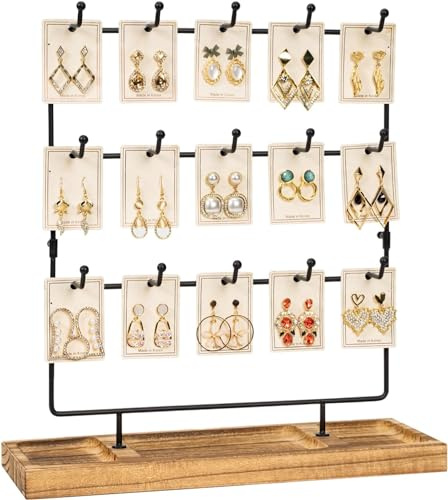 Emfogoo Earring Storage Organiser for Selling, Solid Wood Earring Holder with 15 Hooks for Earring Cards, Bracelets,Keychains, Necklaces, Jewelry Display Stand for Women Girls Gifts(Rustic Brown)