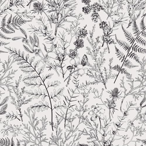 VEELIKE Papier Peint Feuillage Noir et Blanc Papier Peint Autocollant Motif Botanique Genévrier Branches de Fougère Papiers Peints Fleur Noir et Blanc Revetement Mural Chambre Salon 44,5cm×300cm