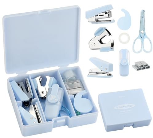 EooUooIP Praktischer und Schöner Bürobedarf, Blauer Handbuch Werkzeugkasten, Hefter, Klebeband, Heftklammern, Locher, Papierschere für Effizientes Arbeiten und Stilvolles Verschenken.
