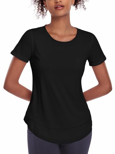 Deaviya sport t-shirt kvinnor, fitness sport skjorta kortärmad toppar, v-hals löpning skjorta för kvinnor, träning, gym yoga skjorta kvinnor, Ren svart, S
