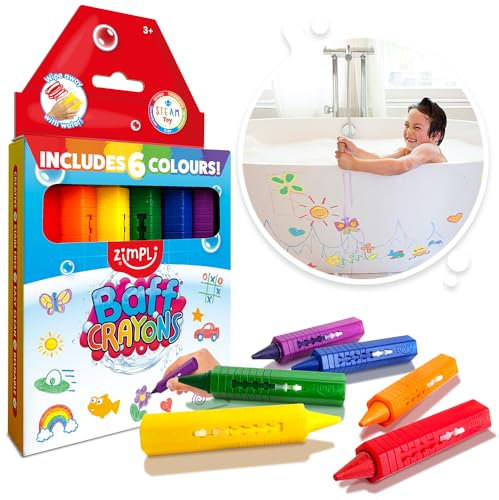 ZIMPLI - 6 Large Bath Crayons, Washable Colourful Kids Bath Pens, Creative Mess-Free Shower Toy, Wipe Clean Bath Fun, Paint Sticks for the Tub, Arts & Crafts