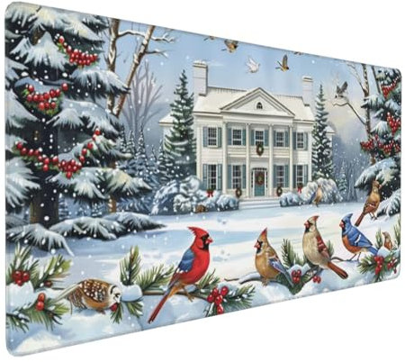 Gaming Mauspad XXL Schneeszene Mousepad 1000x500x4mm Vogel Verlängertes Mauspad Schreibtischauflage,Genähte Kanten Mauspad,Verbessert Präzision Geschwindigkeit Wasserdicht Geeignet für Büro und Spiele