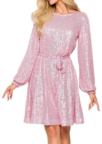Glitzer Kleid Damen Schwarz, Pailettenkleider für Damen Kurz Langarm A-Linien Partykleid Elegante Pailletten Minikleid Glitzer Kleid Frauen Hohe Taille Festliches Kleider Abendkleid