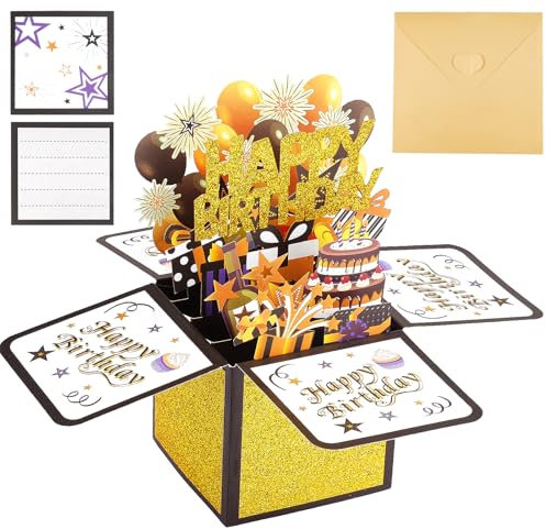 3D Pop Up Karte Geburtstag, Happy Birthday Karte, Schwarze Gold 3D Geburtstagskarte Pop Up, Birthday Card mit Umschlägen und Karten, für Frauen Männer Familie Freunden