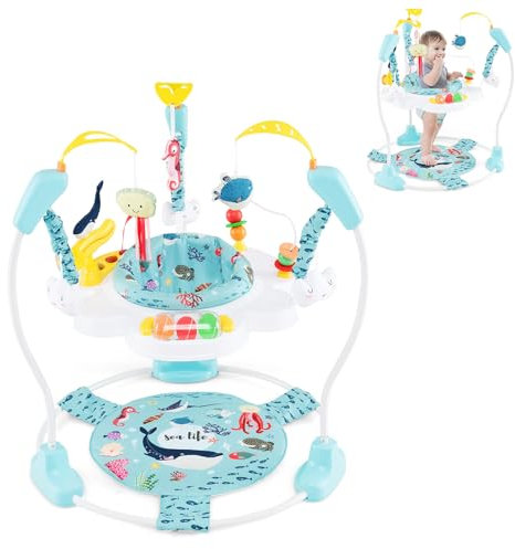LIFEZEAL Girello per Bambini 6-18 Mesi, con Sedile Girevole a 360°, 9 Giochi Montessori, Luci e Melodie, Girello Neonato, con Altezza Regolabile, Centri di attività Fissi, Jumperoo per Bimbi (Blu)