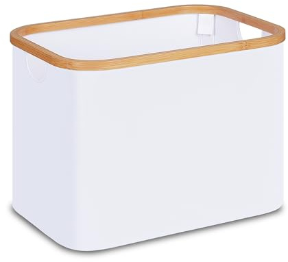 iEGrow Cesto portabiancheria pieghevole da 50L, Cesto portabiancheria pieghevole con manici in bambù, Cesto portaoggetti bianco per camera da letto, bagno, lavanderia